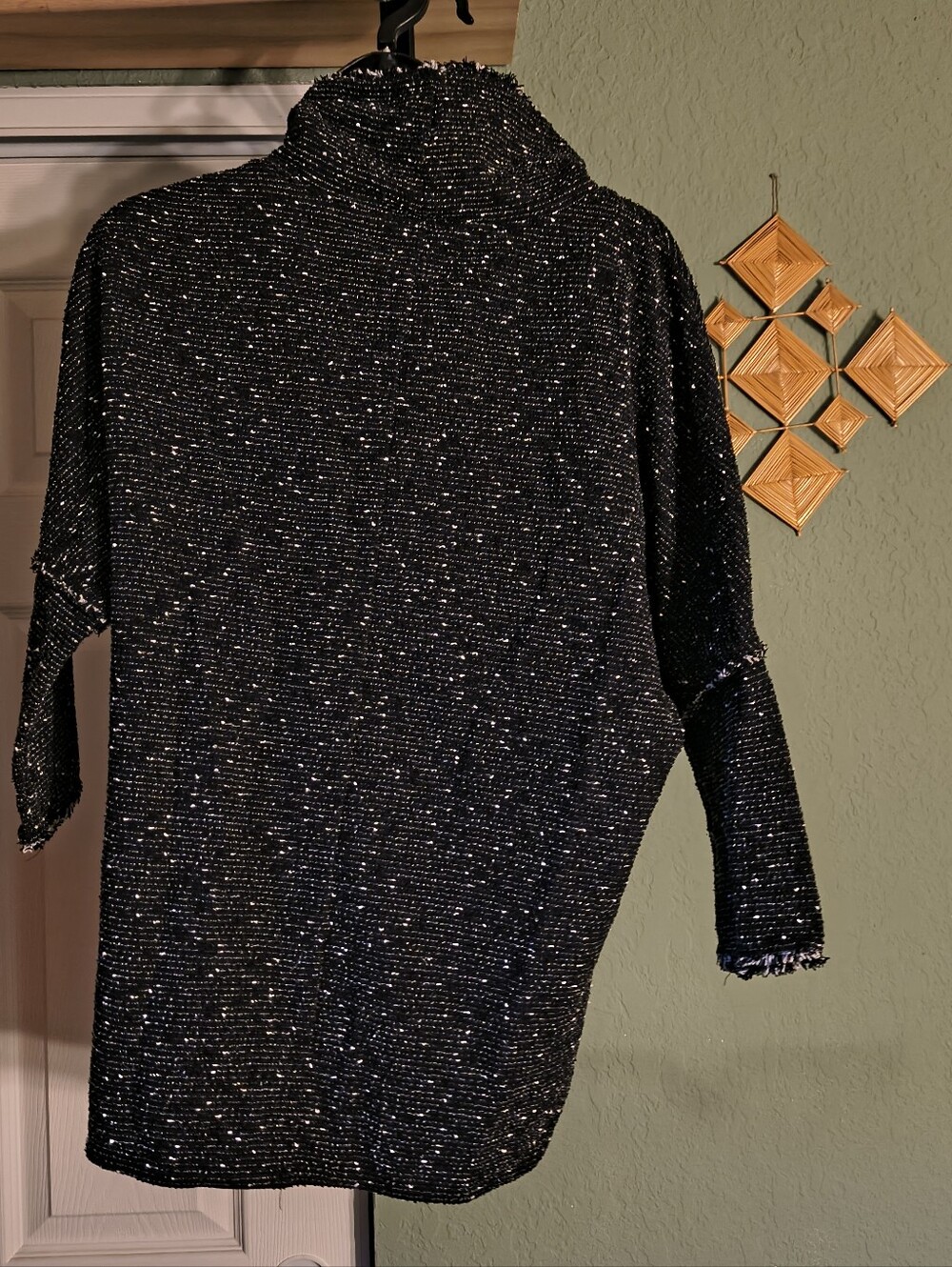 Max Studio Black White Tweed Fringe Mock Neck Dolman Tunic Top Size S - Picture 11 of 13